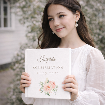 Konfirmasjonsbok innbundet med Peoner – personlig konfirmasjonsgave med hilsener (64 Gjester) | gjestebok & minnebok
