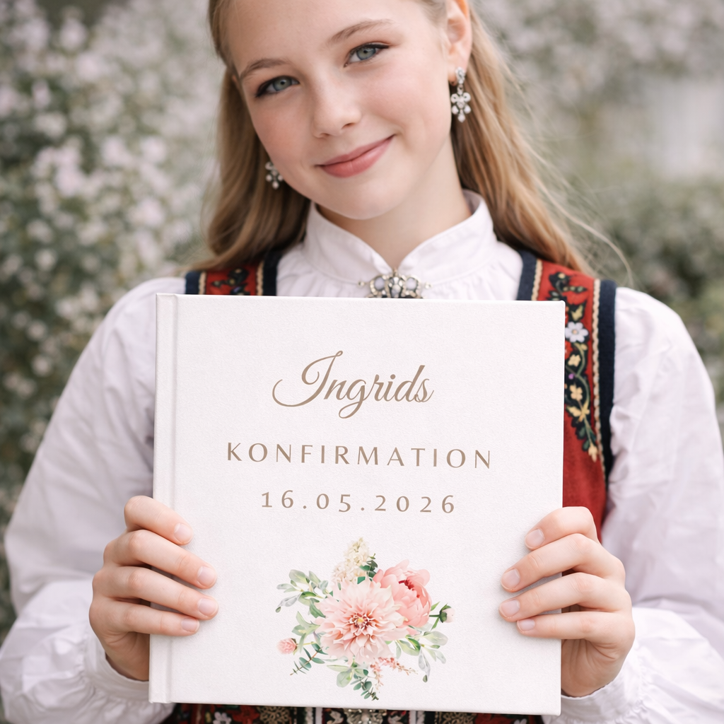 Peoner Konfirmasjonsbok innbundet – personlig konfirmasjonsgave med hilsener (48 gjester) | gjestebok og minnebok