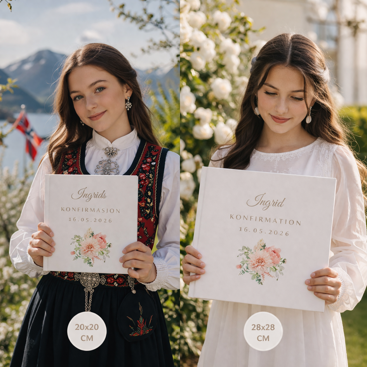 Konfirmasjonsbok innbundet med Peoner – personlig konfirmasjonsgave med hilsener (64 Gjester) | gjestebok & minnebok