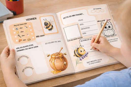 Skoleårbok til barn – innbundet til minner fra skoleåret (bie-tema)