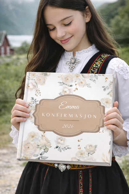 Konfirmasjonsbok med rosedesign, innbundet – personlig gjestebok med 32 hilsener | unik konfirmasjonsgave