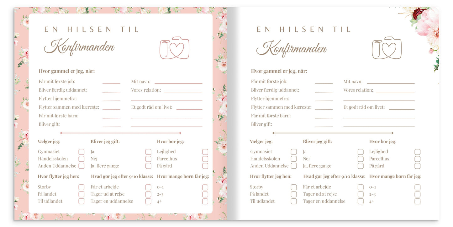 Konfirmasjonsbok innbundet med Peoner – personlig konfirmasjonsgave med hilsener (64 Gjester) | gjestebok & minnebok