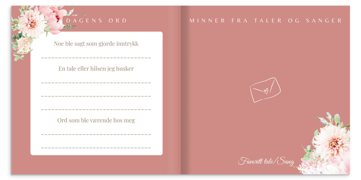 Konfirmasjonsbok innbundet med Peoner – personlig konfirmasjonsgave med hilsener (64 Gjester) | gjestebok & minnebok